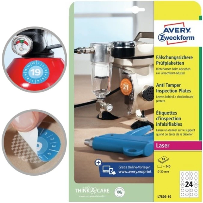 Etykiety inspekcyjne AVERY Zweckform L7806‑10 (30mm x 30mm Folia, Poliester kolor biały)