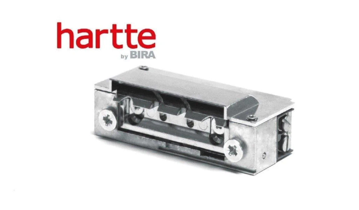 Elektrozaczep Hartte XS12UW‑CF z wyłącznikiem i wąskim wyślizgiem 12V AC/DC