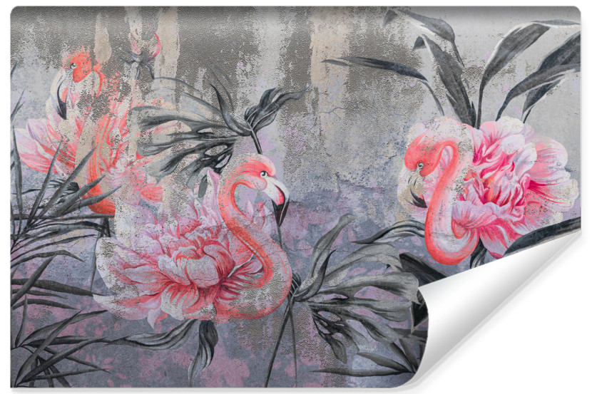 Fototapeta Flamingi Pośród Kwiatów Na Betonie 315x210cm 315493