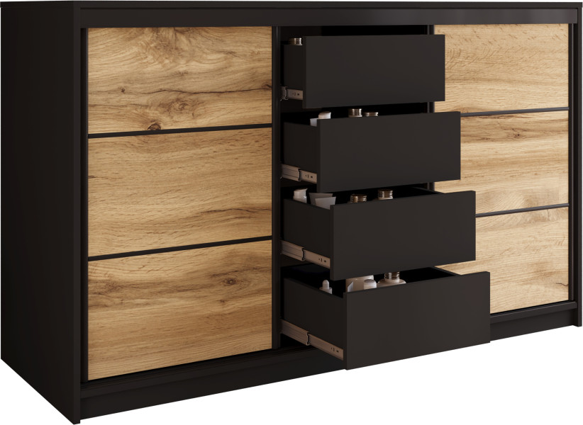 Komoda przesuwna 160 cm z szufladami LOFT czarny / dąb wotan 701816
