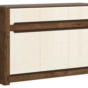 Komoda Ruso 149 cm z 3 drzwiami i 3 szufladami dąb april/perłowy połysk 22731 Komoda Ruso 149 cm z 3 drzwiami i 3 szufladami dąb april/perłowy połysk 22731