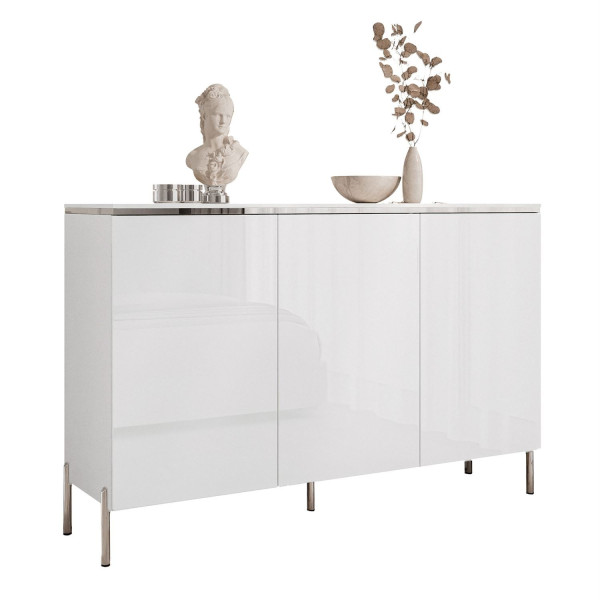Komoda trzydrzwiowa AURORA SILVER 3D, biały połysk, nóżki proste chromowane 848618