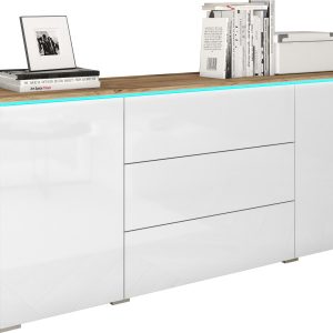 Komoda VEVE 150 cm dąb wotan/biały połysk z oświetleniem LED 351318 Komoda VEVE 150 cm dąb wotan/biały połysk z oświetleniem LED 351318