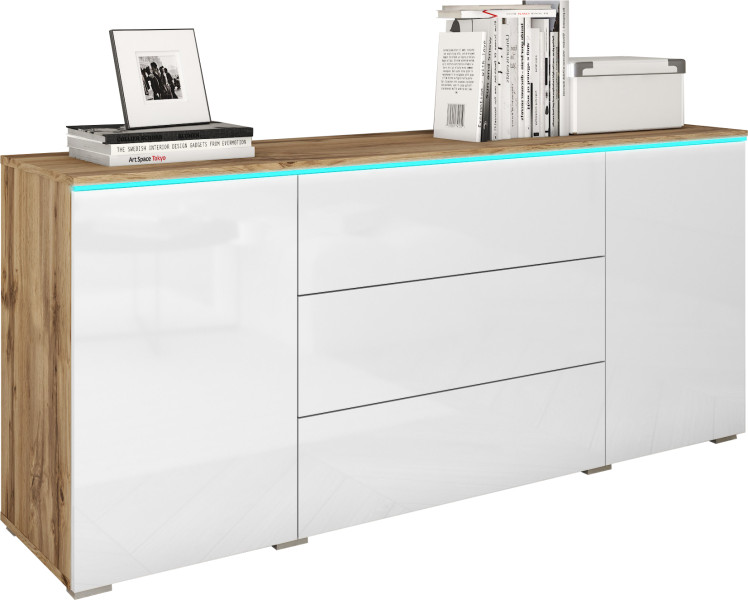 Komoda VEVE 150 cm dąb wotan/biały połysk z oświetleniem LED 351318