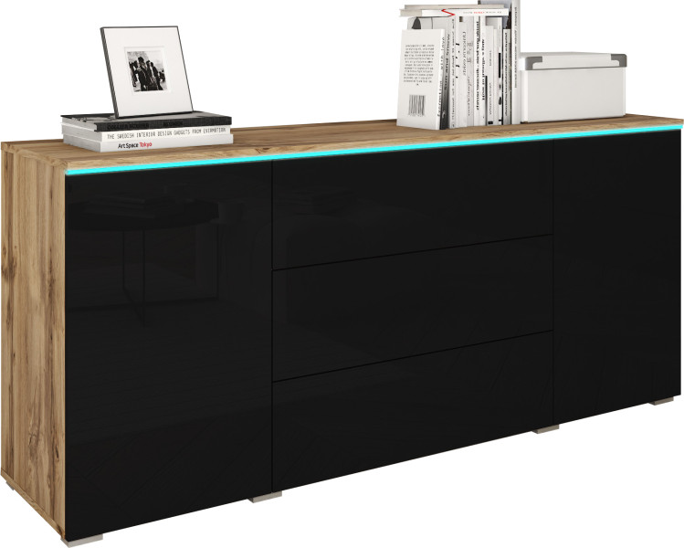Komoda VEVE 150 cm w kolorze dąb wotan/czarny połysk . 351315