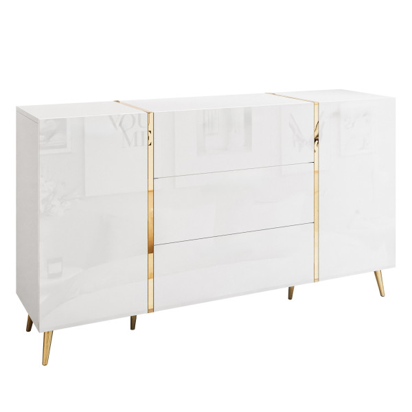 Komoda z szufladami ONYX biały połysk złote nóżki 158 cm 96231