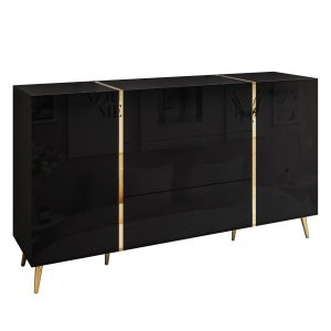 Komoda z szufladami ONYX czarny połysk złote nóżki 158 cm 91323 Komoda z szufladami ONYX czarny połysk złote nóżki 158 cm 91323