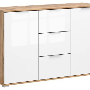 Komoda Zele 135 cm z 2 drzwiami i 3 szufladami dąb wotan/biały połysk 20234