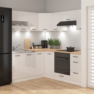 Komplet kuchenny narożny Junona Line 180×200 kredowy połysk bez blatu 490468 Komplet kuchenny narożny Junona Line 180×200 kredowy połysk bez blatu 490468