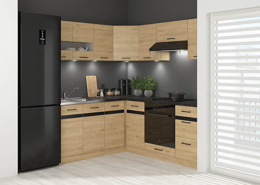 Komplet kuchenny narożny Junona Line 180x200 prawy dąb bernstein z blatem 490480