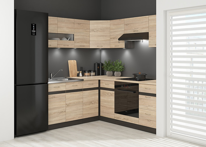 Komplet kuchenny narożny Junona Line 180x200 prawy dąb sonoma z blatem 490481