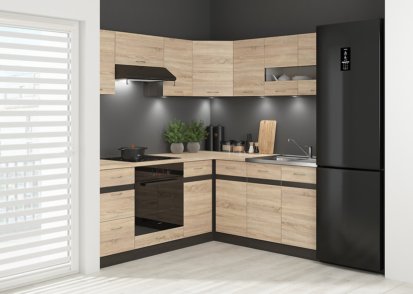 Komplet kuchenny narożny Junona Line 200x180 lewy dąb sonoma bez blatu 490483