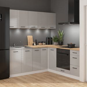 Komplet kuchenny narożny Junona Line 200×200 jasny szary połysk z blatem 433293 Komplet kuchenny narożny Junona Line 200×200 jasny szary połysk z blatem 433293