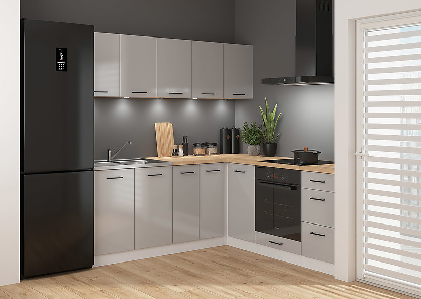 Komplet kuchenny narożny Junona Line 200x200 jasny szary połysk z blatem 433293