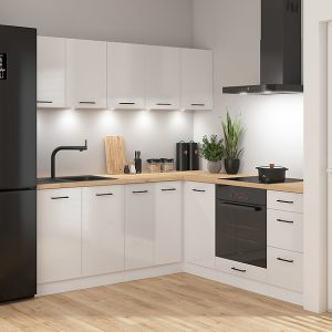 Komplet kuchenny narożny Junona Line 200×200 kredowy połysk bez blatu 432966 Komplet kuchenny narożny Junona Line 200×200 kredowy połysk bez blatu 432966
