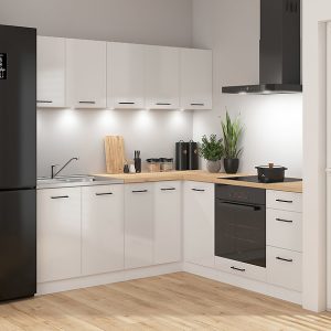 Komplet kuchenny narożny Junona Line 200×200 kredowy połysk z blatem 433294 Komplet kuchenny narożny Junona Line 200×200 kredowy połysk z blatem 433294