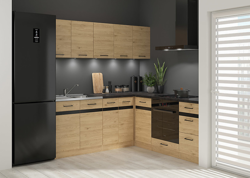 Komplet kuchenny narożny Junona Line 200x200 lewy dąb bernstein z blatem 433295