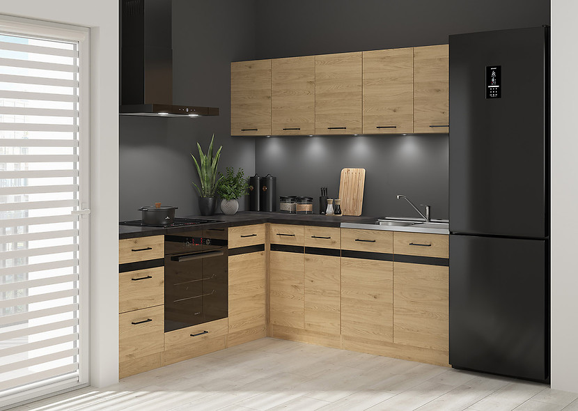Komplet kuchenny narożny Junona Line 200x200 prawy dąb bernstein z blatem 470425