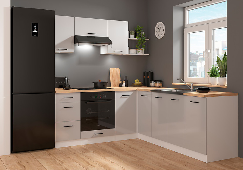 Komplet kuchenny narożny Junona Line 200x220 jasny szary połysk z blatem 499008