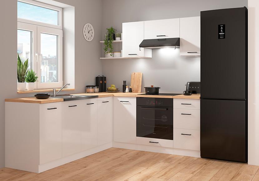 Komplet kuchenny narożny Junona Line 200x220 kredowy połysk bez blatu 499000