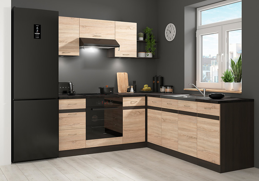 Komplet kuchenny narożny Junona Line 200x220 lewy dąb sonoma bez blatu 499015
