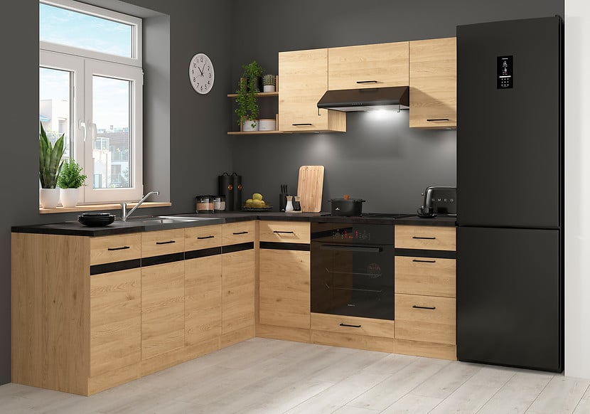 Komplet kuchenny narożny Junona Line 200x220 prawy dąb bernstein bez blatu 499003