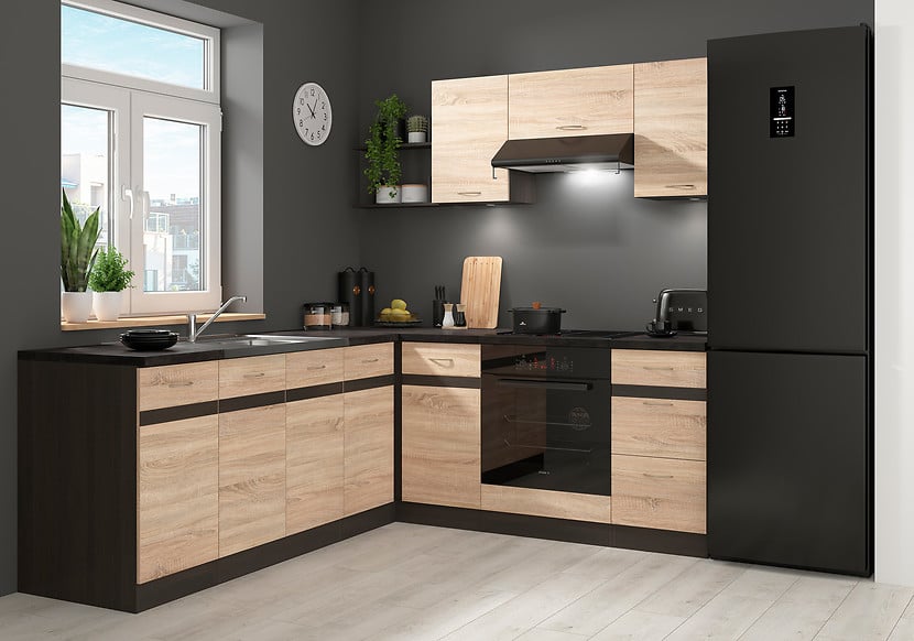 Komplet kuchenny narożny Junona Line 200x220 prawy dąb sonoma bez blatu 499004