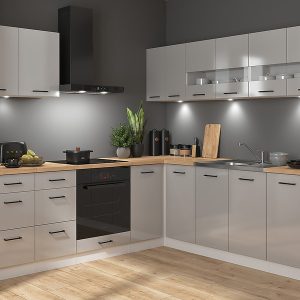 Komplet kuchenny narożny Junona Line 220×240 jasny szary połysk z blatem 433985 Komplet kuchenny narożny Junona Line 220×240 jasny szary połysk z blatem 433985