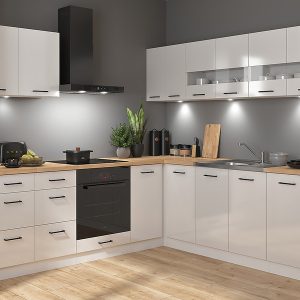 Komplet kuchenny narożny Junona Line 220×240 kredowy połysk z blatem 433986 Komplet kuchenny narożny Junona Line 220×240 kredowy połysk z blatem 433986