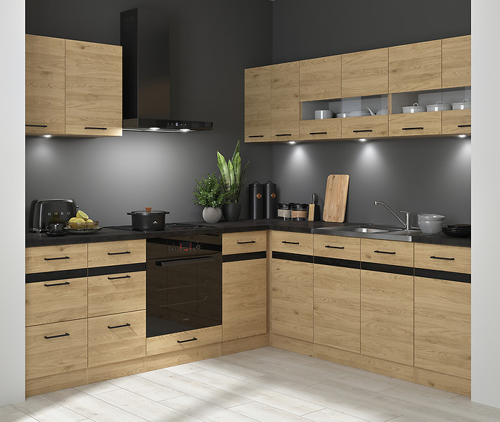Komplet kuchenny narożny Junona Line 220x240 prawy dąb bernstein z blatem 433987
