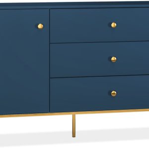 KONSIMO ARICIA Granatowa komoda 120 cm z szufladami na złotych nóżkach 757280
