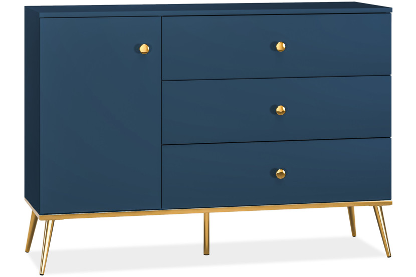 KONSIMO ARICIA Granatowa komoda 120 cm z szufladami na złotych nóżkach 757280