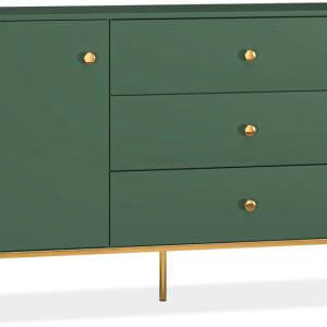 KONSIMO ARICIA Zielona komoda 120 cm z szufladami na złotych nóżkach 757289