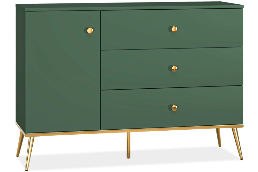 KONSIMO ARICIA Zielona komoda 120 cm z szufladami na złotych nóżkach 757289