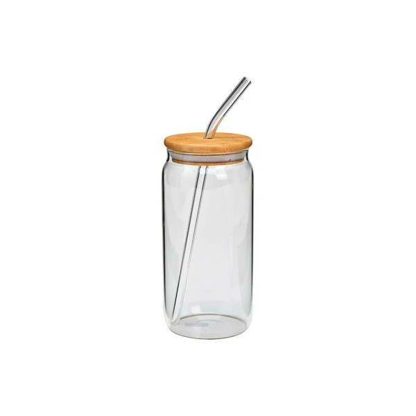 Kubek Szklanka Pojemnik ze Słomką Szklaną i Pokrywką Bambusową 590ml 1szt 750819