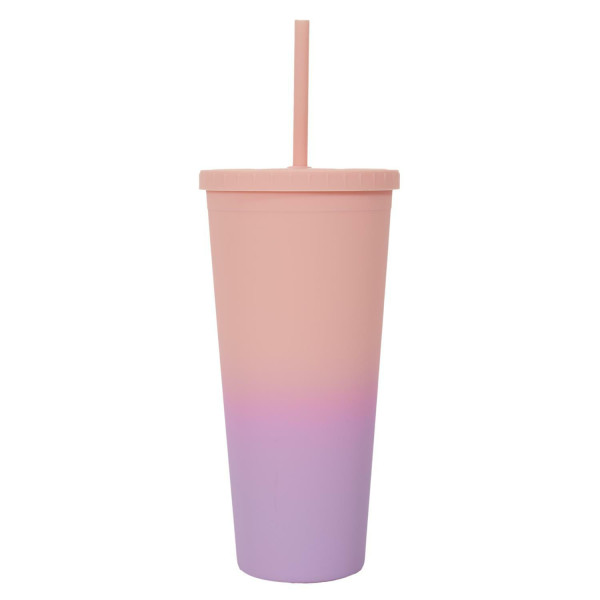 KUBEK ZE SŁOMKĄ Tie-Dye PP 700 ml pomarańczowo-różowy 652218