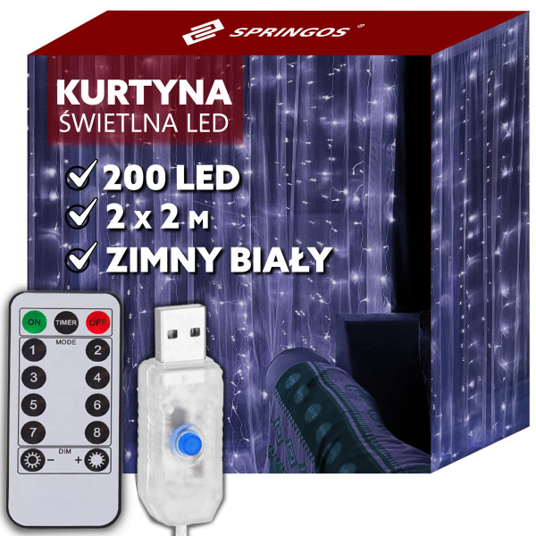 Kurtyna świetlna biały zimny 200 Led lampki wewnętrzne 335918