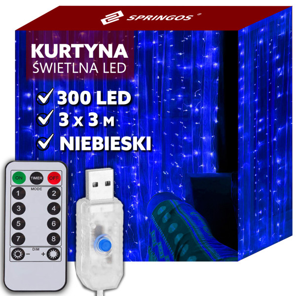 Kurtyna świetlna niebieski 300 Led 3x3 m lampki wewnętrzne 336002