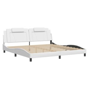 Łóżko Tapicerowane Białe Ekoskóra Rama Łóżka Ze Stelażem LED 200×200 cm 821236