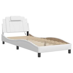 Łóżko Tapicerowane Białe Ekoskóra Rama Łóżka Ze Stelażem LED 80×200 cm 821234